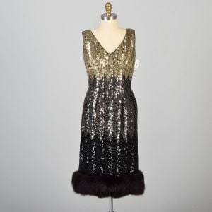 Large 1960s Metallic Chevron Sequin Cocktail Dress with Fox Fur Hem 