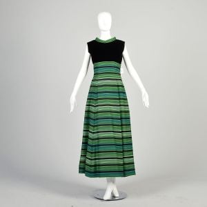 Large 1970s Black Green Dress Velvet Bodice Stripe Skirt Holiday Cocktail Party High Waist Maxi
