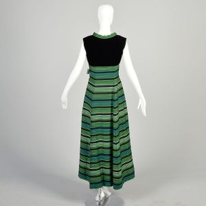 Large 1970s Black Green Dress Velvet Bodice Stripe Skirt Holiday Cocktail Party High Waist Maxi - Fashionconservatory.com