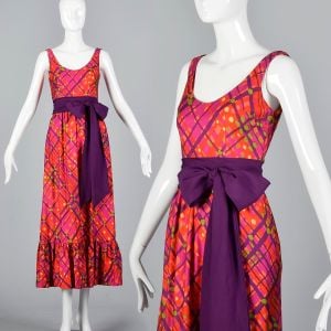 XS Orange Midi Dress 1970s Purple and Green Plaid Bow Belt Ruffle Hem Sleeveless Scoop Neck