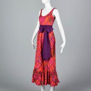 XS Orange Midi Dress 1970s Purple and Green Plaid Bow Belt Ruffle Hem Sleeveless Scoop Neck - Fashionconservatory.com