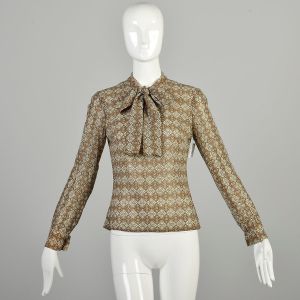 Small 1970s Blouse Tan Beige Geometric Bow Collar Gold Tone Button Long Sleeve Shirt 