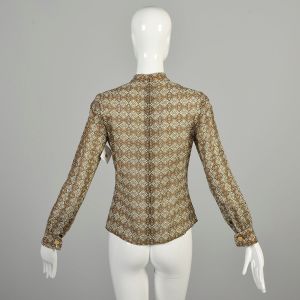 Small 1970s Blouse Tan Beige Geometric Bow Collar Gold Tone Button Long Sleeve Shirt  - Fashionconservatory.com