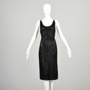 M-L-XL 1960s Black Dress Sequin Knit Crochet Fishnet Bodycon Sweater Dress 