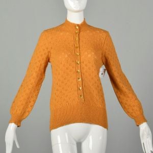 Small 1970s Mustard Tunic Sweater Boho Knit Top Casual Long Sleeve