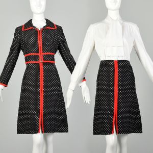 Medium 1970s Dress Jacket Ensemble Red Black Ivory Knit Pussy Bow Set 