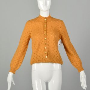 Small 1970s Mustard Tunic Sweater Boho Knit Top Casual Long Sleeve - Fashionconservatory.com