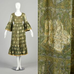 L-XL 1970s Green Gold Dress Ruffle Bell Sleeve Metallic Bohemian Hippie Evening Dress Lillie Rubin 