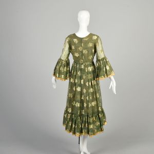 L-XL 1970s Green Gold Dress Ruffle Bell Sleeve Metallic Bohemian Hippie Evening Dress Lillie Rubin  - Fashionconservatory.com
