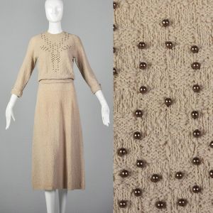 Small 1940s Knit Dress Beaded Bust Taupe Sweater A Line Skirt Casual Day Wear