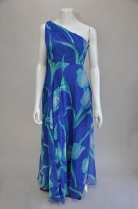 vintage 1970s one shoulder blue floral chiffon Grecian style maxi dress S/M
