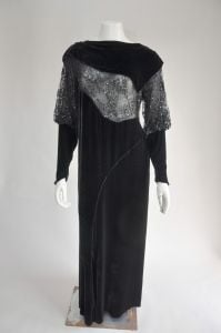 vintage 1930s black silk velvet dress w/ sequins & bishop sleeves S/M - Fashionconservatory.com