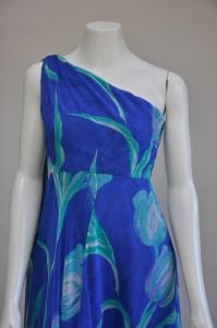 vintage 1970s one shoulder blue floral chiffon Grecian style maxi dress S/M - Fashionconservatory.com