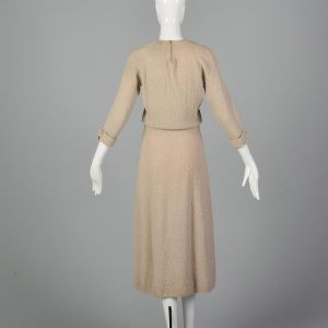Small 1940s Knit Dress Beaded Bust Taupe Sweater A Line Skirt Casual Day Wear - Fashionconservatory.com