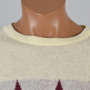 Medium 1980s Mens Sweater Cream Gray and Burgundy Evergreen Tree Fair Isle Print  - Fashionconservatory.com