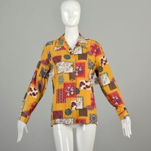 XL 1970s Faux Patchwork Button Up Shirt Yellow Cotton Rayon Blend Hippie Casual Long Sleeve 