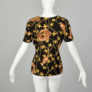 Escada Novelty Black Short Sleeve Top Gold Ethnic Print T Shirt  - Fashionconservatory.com
