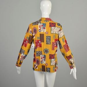 XL 1970s Faux Patchwork Button Up Shirt Yellow Cotton Rayon Blend Hippie Casual Long Sleeve  - Fashionconservatory.com