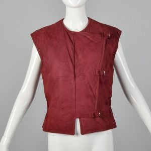 Medium 1980s Claudio La Viola Red Suede Vest Asymmetrical Italian Leather Buckle Detail 