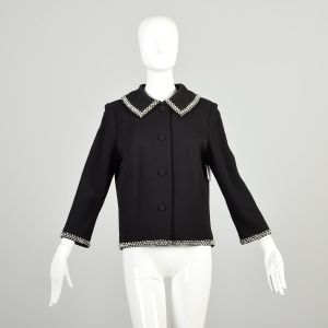 Medium 1960s Marshall Fields Jacket Black Knit Cardigan Rhinestone Trim Cocktail Jacket