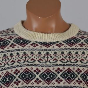 Large 1980s Ski Sweater Cream with Green Red and Blue Nordic Fair Isle Print  - Fashionconservatory.com