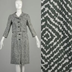 Small 1970s Skirt Suit Set Grey White Diamond Geometric Cropped Jacket High Waist Skirt Hannah Troy 