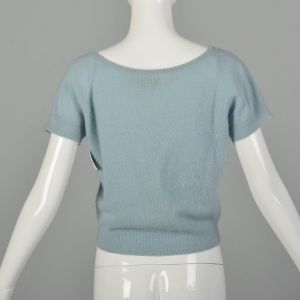 XS 1950s Cashmere Short Sleeve Sweater Baby Blue Leaf Motif Embellishment Super Soft Top - Fashionconservatory.com