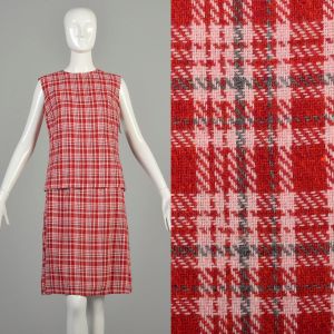 Small 1960s Plaid Set Red Pink Tweed Tank Top Skirt Two Piece Outfit Wool Ensemble