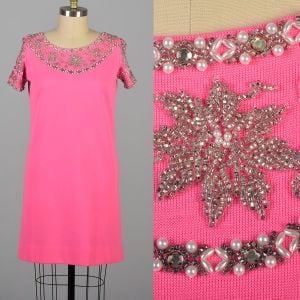 Large/XL 1960s Hot Neon Pink Knit Shift Dress with Silver Beaded and Rhinestone Detail 