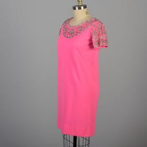 Large/XL 1960s Hot Neon Pink Knit Shift Dress with Silver Beaded and Rhinestone Detail  - Fashionconservatory.com