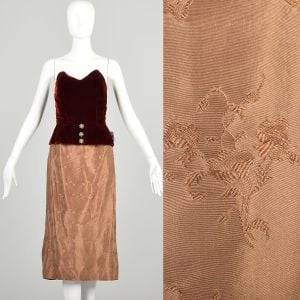 Small 1950s Burgundy Velvet Strapless Peplum Cocktail Dress