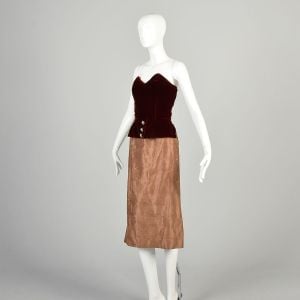 Small 1950s Burgundy Velvet Strapless Peplum Cocktail Dress - Fashionconservatory.com