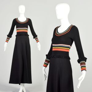 XS 1970s Black Wool Sweater Dress Rib Knit Rainbow Stripe Long Sleeve Ruffle Winter Maxi Dress 