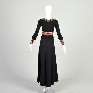 XS 1970s Black Wool Sweater Dress Rib Knit Rainbow Stripe Long Sleeve Ruffle Winter Maxi Dress  - Fashionconservatory.com