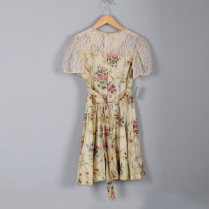 1980s Deadstock Girls Floral Lace Sleeve Dress Victorian Revival Cream Pink Floral Print Childrens  - Fashionconservatory.com