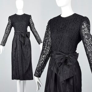 XL Black Dress 1980s Sheer Lace Long Sleeve Faux Wrap Taffeta Skirt Bow Belt
