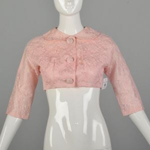 XXS 1950s Pink Lace Bolero Jacket Elbow Sleeves Cropped Bodice