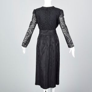 XL Black Dress 1980s Sheer Lace Long Sleeve Faux Wrap Taffeta Skirt Bow Belt - Fashionconservatory.com