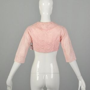 XXS 1950s Pink Lace Bolero Jacket Elbow Sleeves Cropped Bodice - Fashionconservatory.com