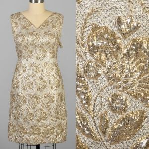 Large/XL 1960s Gold Metallic Floral Brocade Party Cocktail Dress