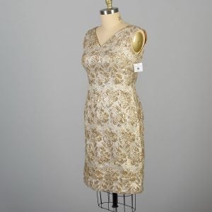 Large/XL 1960s Gold Metallic Floral Brocade Party Cocktail Dress - Fashionconservatory.com