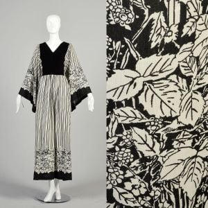 3XL 1970s Kaftan Dress Black White Floral Foliage Tie Waist Casual Hostess Maxi Dress 