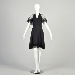 XXS 1960s Black Halter Dress Sheer Cape Medallion Embroidery LBD Cocktail Mini Dress 