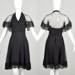 XXS 1960s Black Halter Dress Sheer Cape Medallion Embroidery LBD Cocktail Mini Dress  - Fashionconservatory.com