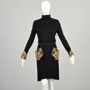 Small Bill Blass Fall 1986 Cashmere Knit Dress Gold Beaded Sequin Pockets Cuffs