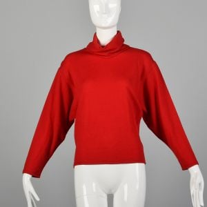 Small-Medium 1980s Sweater Red Slouchy Turtleneck Batwing Sleeve 