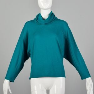 Medium-Large 1980s Sweater Teal Slouchy Turtleneck Batwing 