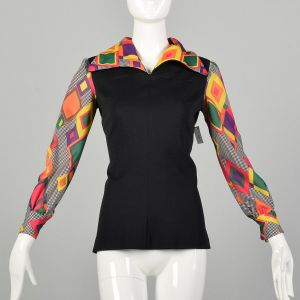 Small 1970s Tunic Top Colorful Long Sleeves Hippie Geometric Print