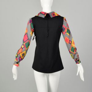 Small 1970s Tunic Top Colorful Long Sleeves Hippie Geometric Print - Fashionconservatory.com