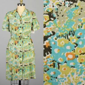 Large/XL 1960s Abstract Print Belted Button Front Dress